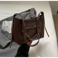 Elegant dark brown lychee leather tote bag with metal chain and top handle strap - Coffee