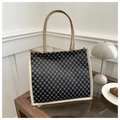 Retro black tote bag with white geometric plaid print and beige canvas straps - Flower Black