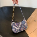 Ethno-Stil gewebte Halbmond-Schultertasche mit geometrischem Muster und goldener Kette - Blau Kleiner Stil (Blue 款二)