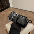Retro black leather shoulder bag with wrinkled texture and silver metal chain strap - Black