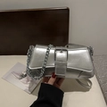 Chic silver metallic baguette bag with large metal buckle and chain strap detail - Silver