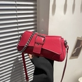 Vibrant rose pink wrinkled patent leather baguette bag with chunky silver chain strap - Rose Red