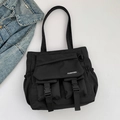 Bolso tote negro de nailon con múltiples bolsillos y correas ajustables para mujer - Negro