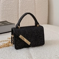 Elegant black glitter mini square handbag with gold metal bar and chain strap - Black