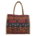 Ethnic style large capacity jute tote bag with orange and black geometric patterns - Style 6