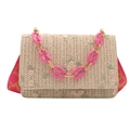 Beige Strohtasche mit Blumenstickerei, rosa Schultergurt und Acrylkettengriff für Damen - Rosa