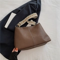 Brown litchi grain tote bag with contrast stitching and geometric woven shoulder strap - Brown