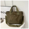 Detail der olivgrünen Nylon-Einkaufstasche mit Vordertasche und silbernem Metalldruckknopf - Dunkelgrün