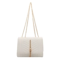 White crossbody bag with V-quilted pattern, gold metal bar, and elegant tassel detail - White