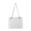 White quilted tote bag with triangle stitching and golden chain shoulder strap - White