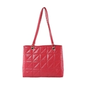 Red quilted leather tote bag with classic diamond pattern and woven metal chain strap - Red