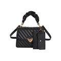Black quilted crossbody bag with golden heart lock and scrunchie handle detail - Black