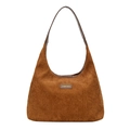 Brown corduroy shoulder tote bag with leather trim and rectangular logo patch - Yellow Brown