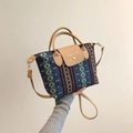 Ethnic knit tote bag in navy blue with colorful patterns and brown faux leather straps - Blue Small