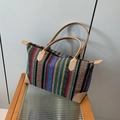 Ethnic knit tote bag with geometric stripes and light khaki leather handles - Brown Large