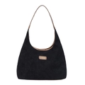Black corduroy tote bag with brown faux leather trim and shoulder straps - Black
