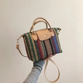 Bohemian striped woven canvas tote bag with leather flap and adjustable shoulder strap - Brown Small