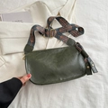 Dark green pebbled leather tote with ethnic print wide shoulder strap and side tassel detail - Green