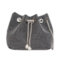 Fashionable black rhinestone bucket bag with chain strap and pearl drawstring charms - Silver