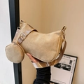 Minimalist beige corduroy crescent underarm bag with matching round mini pouch - Khaki