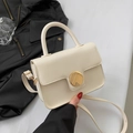 Fashionable beige small square bag with golden round buckle and sleek PU leather finish - Off White