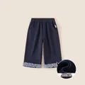 Dunkelblaue gefütterte Weitschaft-Hose für Mädchen mit Rüschen am Karo-Saum - Marineblau / 80