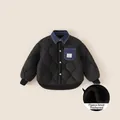 Schwarze gesteppte Jungenjacke mit blauem Denim-Kragen und warmem Fleece-Futter - Schwarz / 110