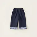 Pantaloni in cotone blu scuro per bambine con bordo a volant a quadretti e vita elastica - 80 / Pantaloni Blu Marino (QK25289)