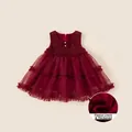 Robe rouge hivernale pour bébé avec nœud perlé et doublure en polaire chaude en détail - 90 / Bordeaux
