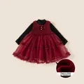Robe de princesse rouge en tulle pour fille avec manches noires et doublure polaire chaude - 80 / Robe Style Ensemble Deux Pièces / Black Patchwork Red Dress
