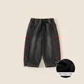 Pantaloni invernali in denim grigio scuro per bambine con ricamo a fiocco rosso e elastico - 80 / Nero Denim