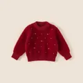 Maglione in maglia rosso per bambine con perle finte bianche e fiocco di raso - 80 / Rosso