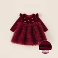 Girl's burgundy velvet princess dress with mesh tutu skirt and gold bow detail - 90 / Red