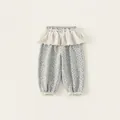 Girls' grey cotton joggers featuring black star patterns and delicate lace hem details - 80 / Bottoms / Grey (CK25181)