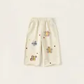 Girls' cream wide-leg jeans featuring colorful plaid flower patchwork embroidery and elastic waist - 80 / Bottoms / Off-white (Flower Style)