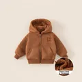 Winter faux suede caramel brown hooded jacket for boys with thick warm fleece lining - 80 / Brown