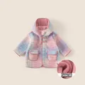 Fleece hooded jacket for girls with rainbow pastel colors and cute bear buttons - 80 / Pink