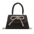 Petit sac à bandoulière noir brillant avec nœud en strass et chaîne argentée - Noir