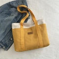 Canvas tote bag in beige and yellow patchwork design with brown leather patch - Yellow