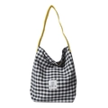 Klassische schwarz-weiße Gingham-Einkaufstasche mit gelben Trägern und EMIS-Aufnäher - Schwarz