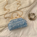 Elegant light blue lace evening bag with sequins, pearl clasp, and gold chain strap - Blue