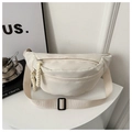 Detail of off-white canvas belt bag with woven zipper pull and adjustable strap - White
