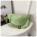 Detail of light green nylon waist bag with dual zippers and adjustable woven strap - Green