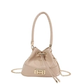 Minimalistische beige Eimertasche aus Leder mit goldenem H-Verschluss und Kette - Khaki