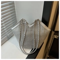 Sparkly silver rhinestone tote bag with metallic chain strap and V-shaped top opening - Silver
