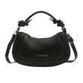 Minimalist black leather half-moon hobo bag with gold hardware and knotted strap detail - Black