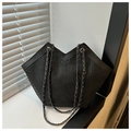 Large capacity black rhinestone tote bag with dual chain straps and V-shaped cut design - Black