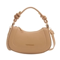 Elegante borsa a spalla beige a mezzaluna con manico a nodo e scritte dorate - Cachi
