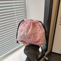 Borsa a secchiello rosa con paillettes da donna con chiusura a coulisse - Rosa