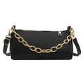 Fashionable black PU leather baguette bag with golden chain and adjustable shoulder strap - Black